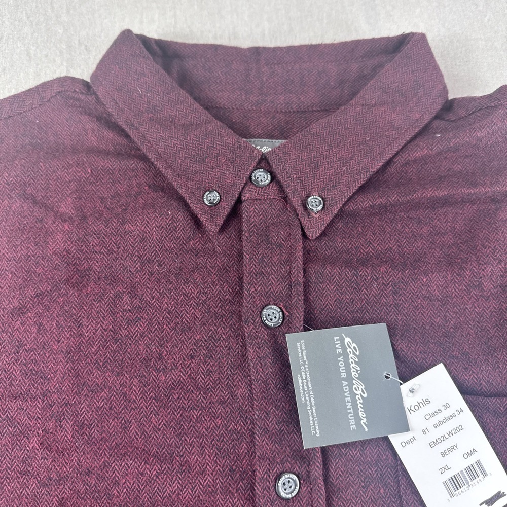 Eddie Bauer Everyday Flex Flannel Shirt Mens XXL Red Long Sleeve Herringbone NEW
